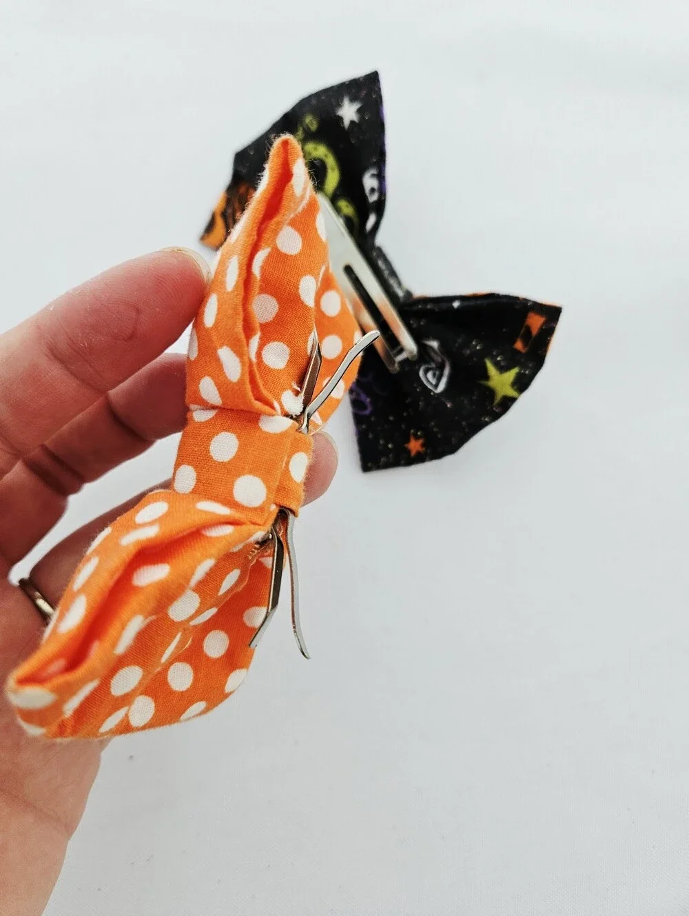 Halloween Fabric Bow Set - Orange Polka Dot & Black Print